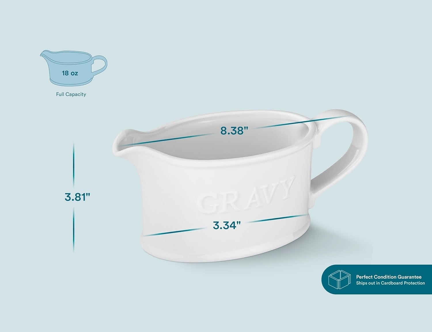 Ceramic Gravy Boat, Serving Dispenser, Porcelain Pitcher for Sauces, Dressings and Creamer, Large Handle, Microwave and Dishwasher Safe, 18 oz, White