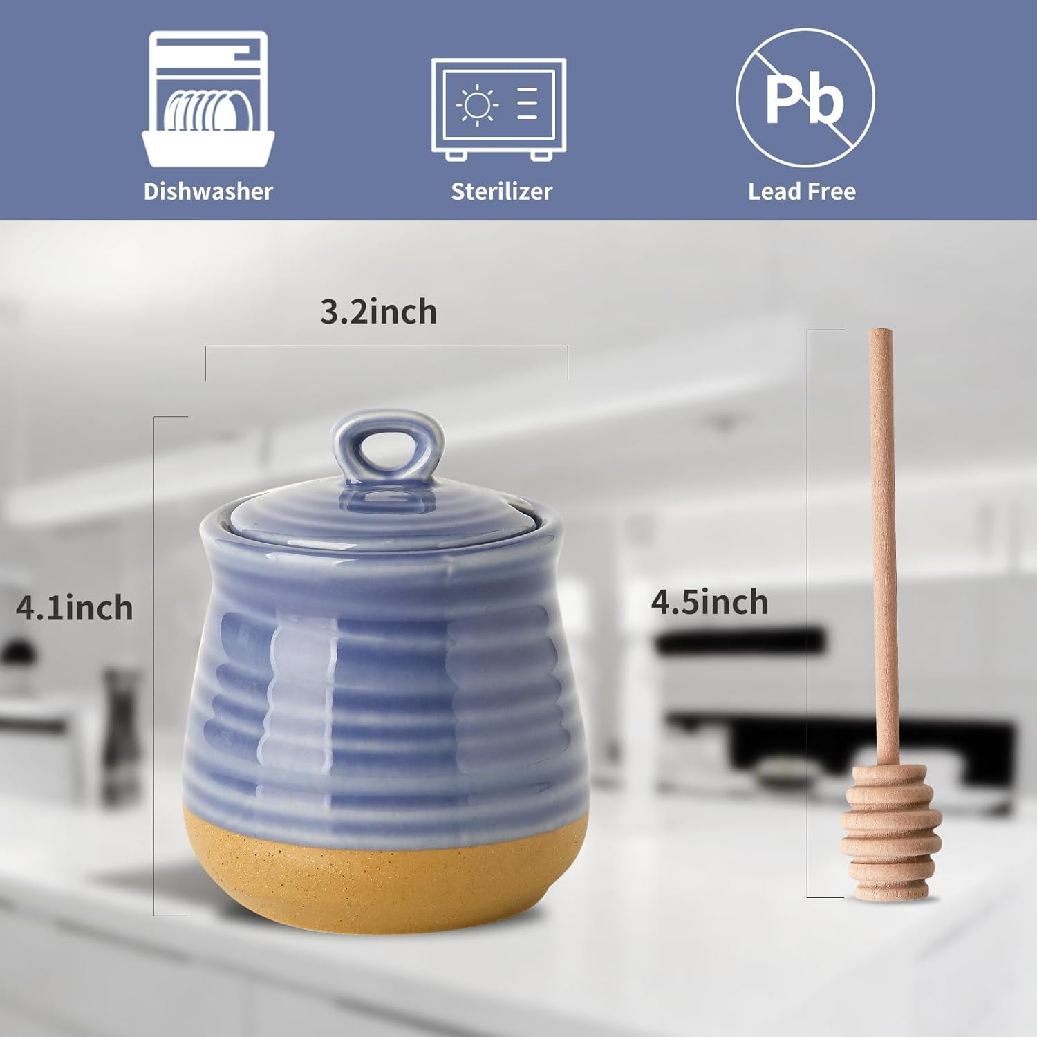 Honey Dipper Stick and Jar Set, Ceramic Honey Pot with Lid and Wooden Dipper, 12 oz Honey Jar for Home Decor