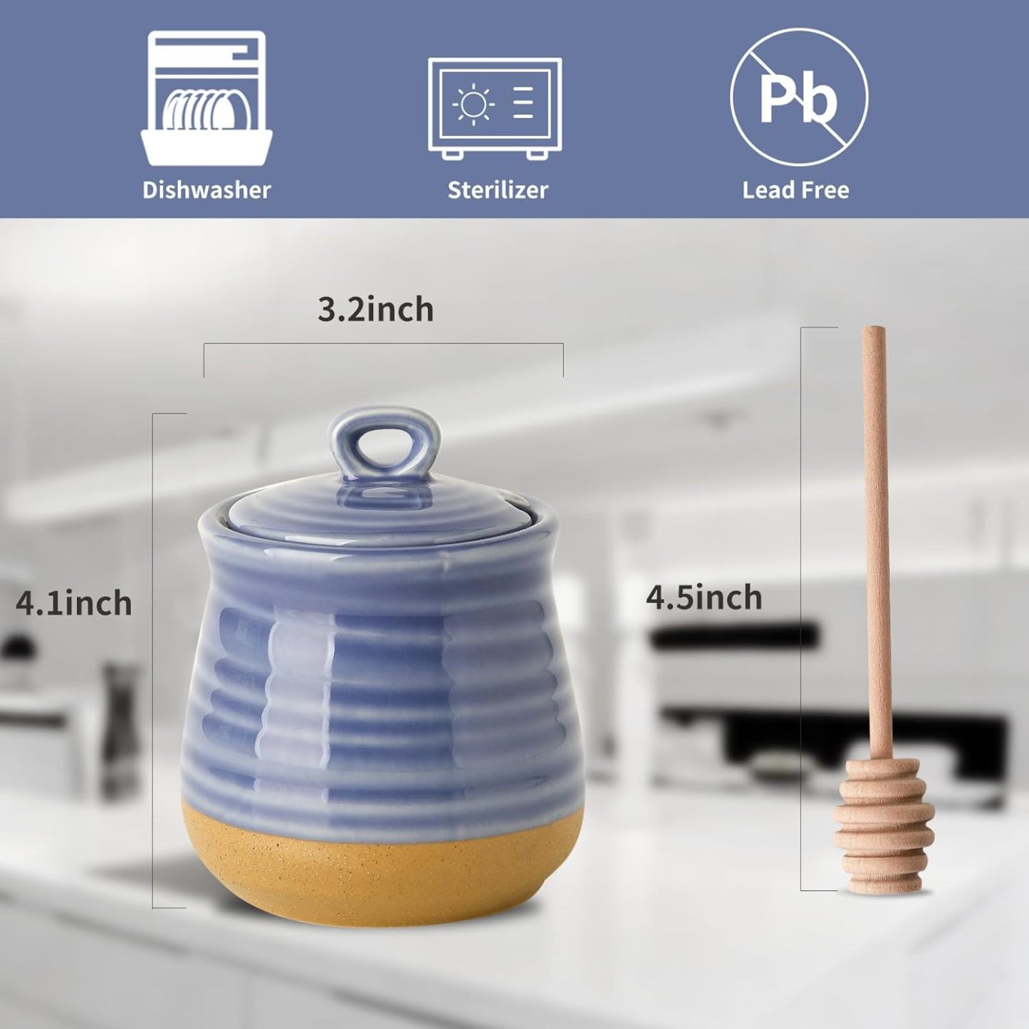 Honey Dipper Stick and Jar Set, Ceramic Honey Pot with Lid and Wooden Dipper, 12 oz Honey Jar for Home Decor