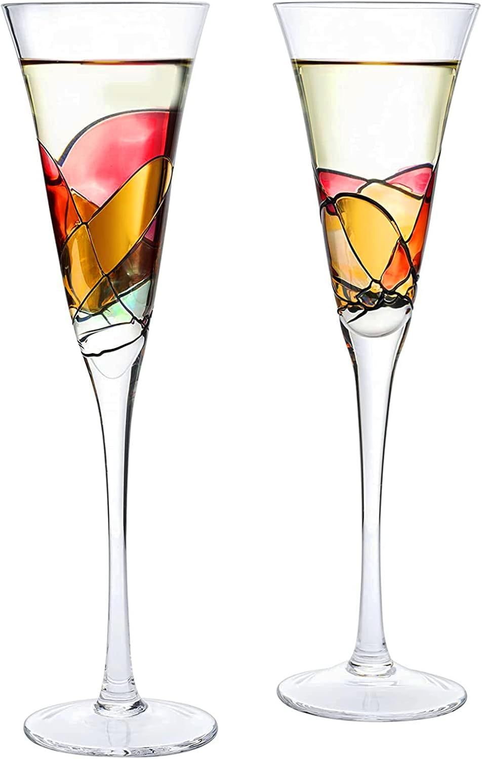 Artisanal Hand Painted Martini, Champagne & Cocktail Glasses, Renaissance Romantic Stain-glassed Windows Gifts, 2 Set - Flutes