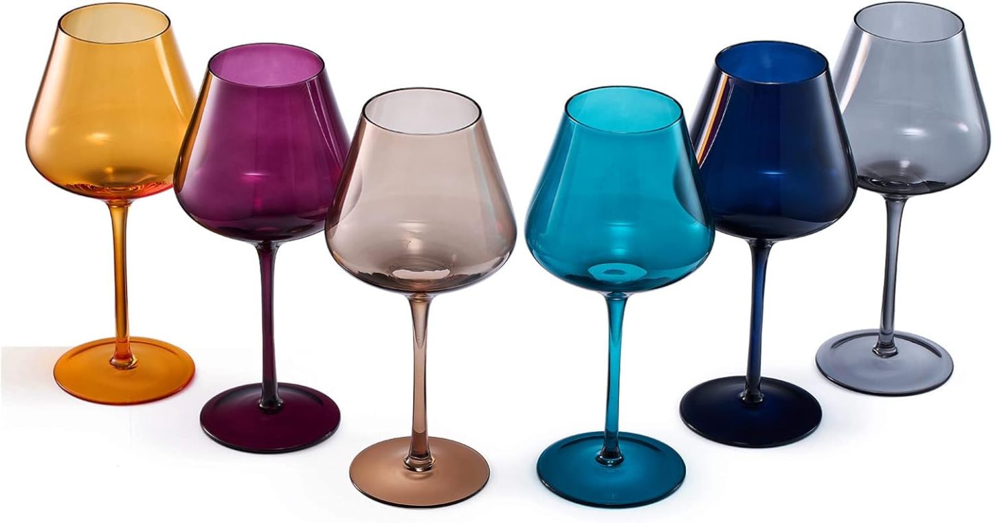 Jewel Colored Crystal Wine Glass Set of 6, Gift For Mothers, Her, Wife, Friend - Winter & Fall Colors 20 oz Glasses