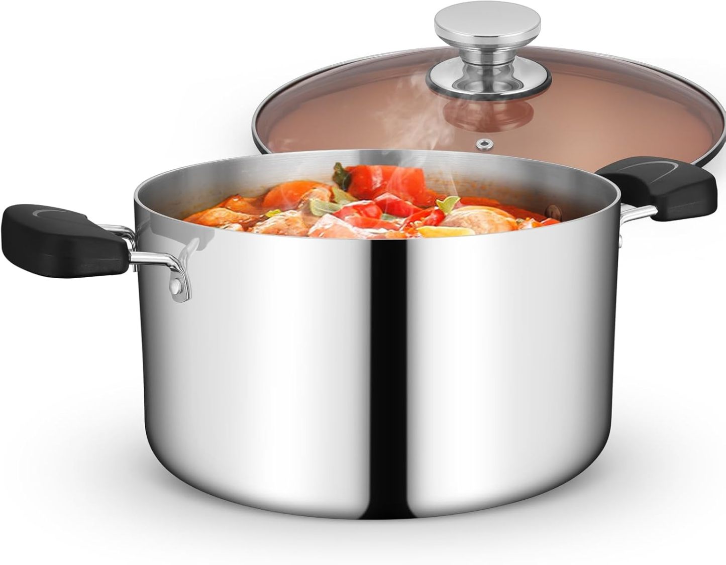 Stainless Steel Tri-ply Pasta Cooking Pot & Glass Lid with Heat-proof Handles, for Cooking Baking Boiling, Non-toxic & Heavy Duty, Various Stovetops & Dishwasher Safe