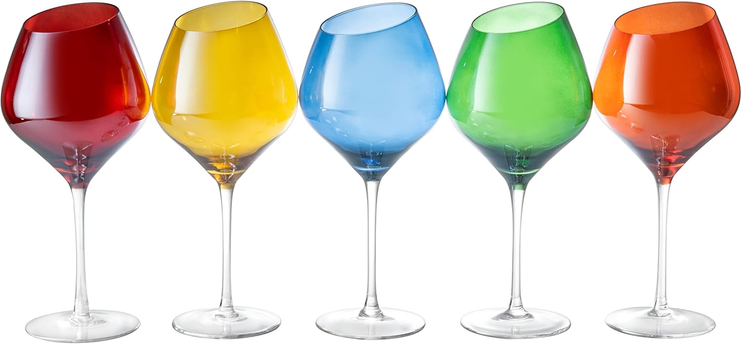 Slanted Rim Colored Wine Glasses Set of 5 Stylish and Slant Rim Wine Glasses for Gift