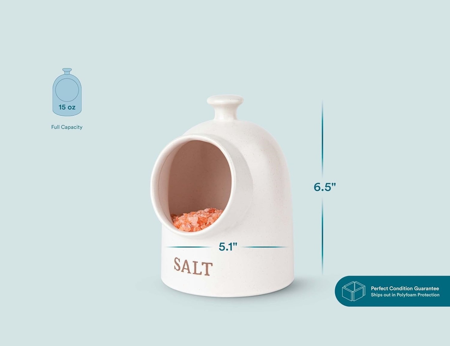 Salt Cellar, Salt Crock, Countertop Storage Container for Spices, White Salt Cellar, Ceramic, Stoneware, Dishwasher Safe, 15 oz, Speckled Oatmeal, Farmhouse Collection