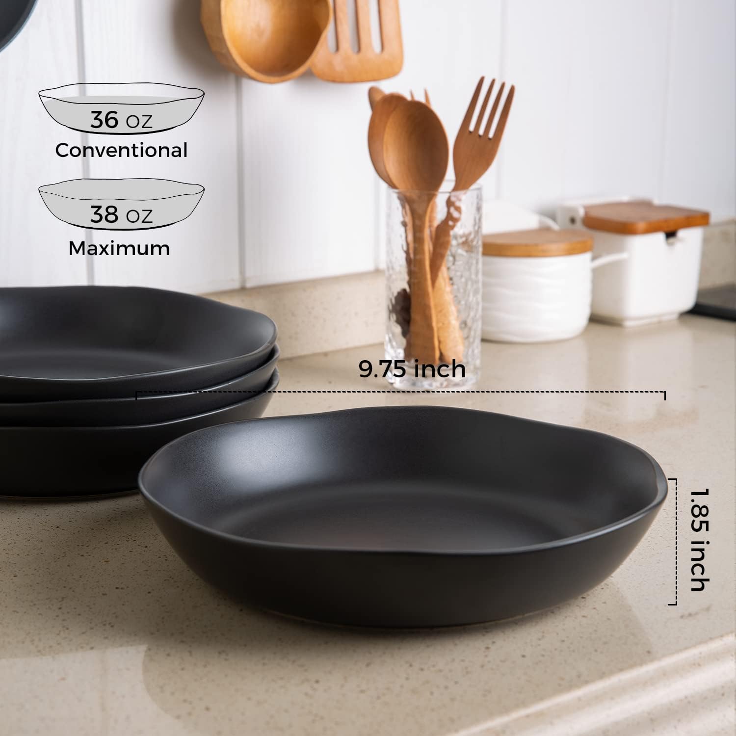 9.75'' Large Ceramic Pasta Bowls, 38oz Stoneware Wide Serving Bowls Set of 6 for Kitchen, Oven, Microwave&Dishwasher Safe Bowls with Wavy Rim for Fruit Pasta Salad Meal, Matte Black
