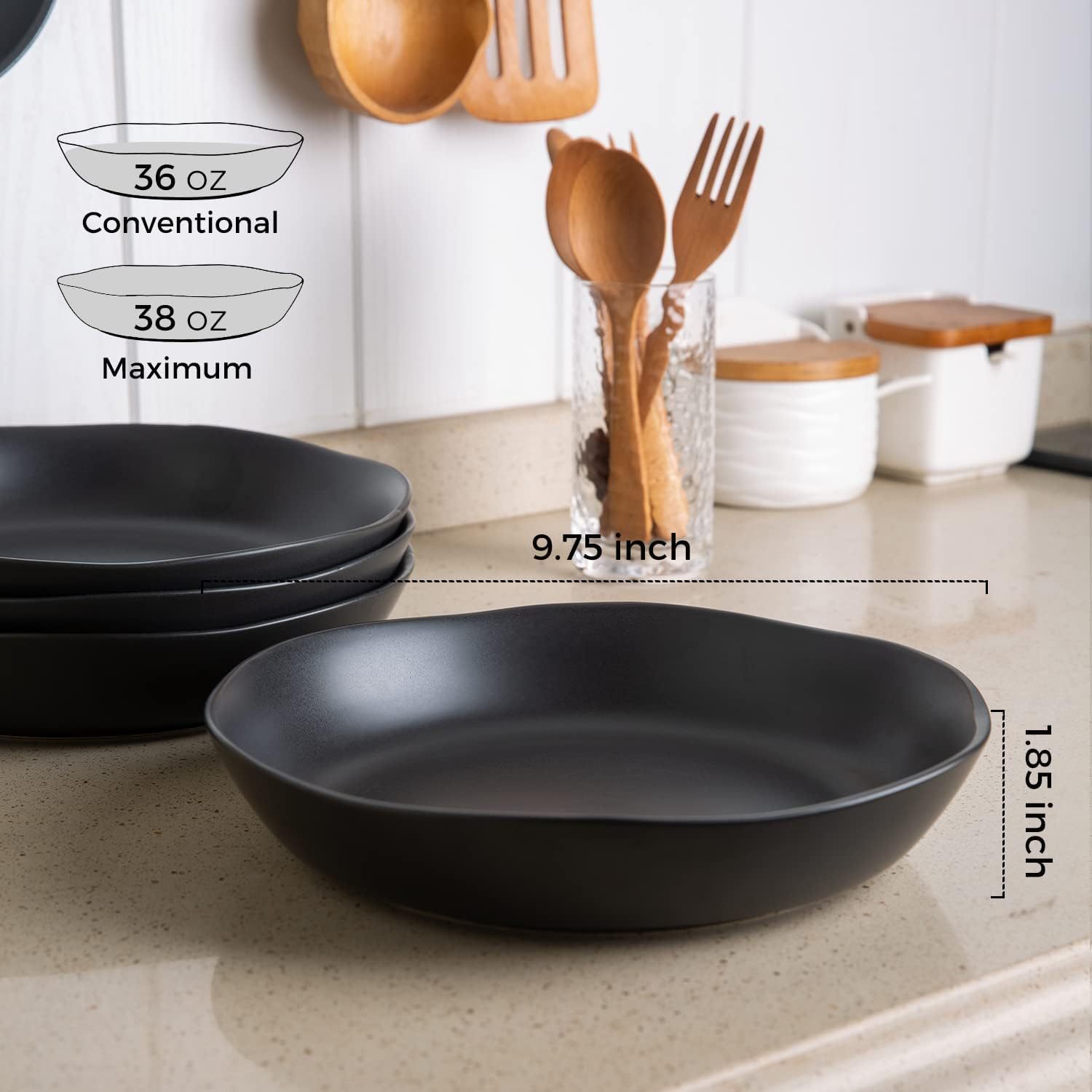 9.75'' Large Ceramic Pasta Bowls, 38oz Stoneware Wide Serving Bowls Set of 6 for Kitchen, Oven, Microwave&Dishwasher Safe Bowls with Wavy Rim for Fruit Pasta Salad Meal, Matte Black