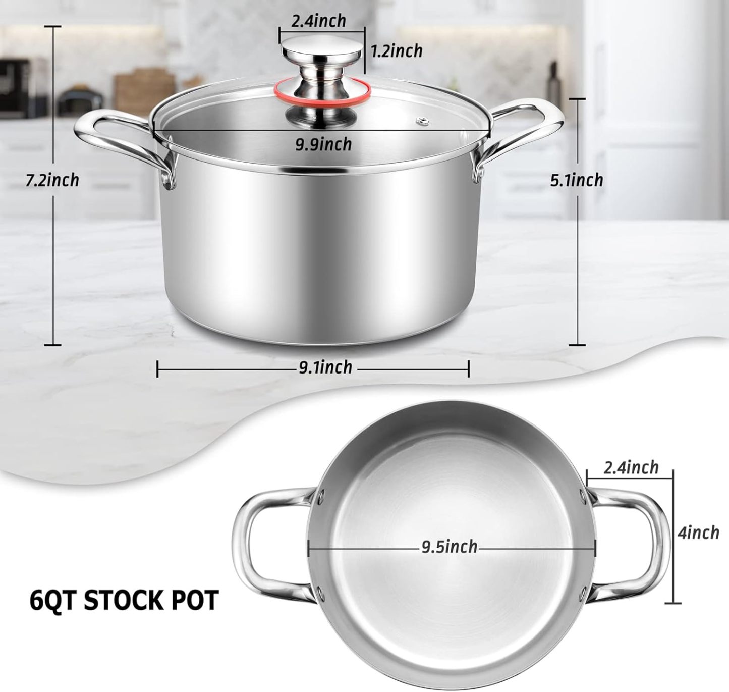 6 Quart Stock Pot, Stainless Steel Tri-Ply Cooking Pasta Pot with Tempered Glass Lid for Induction/Electric/Gas/Ceramic, Healthy & Sturdy, Double Riveted Handles & Dishwasher Safe
