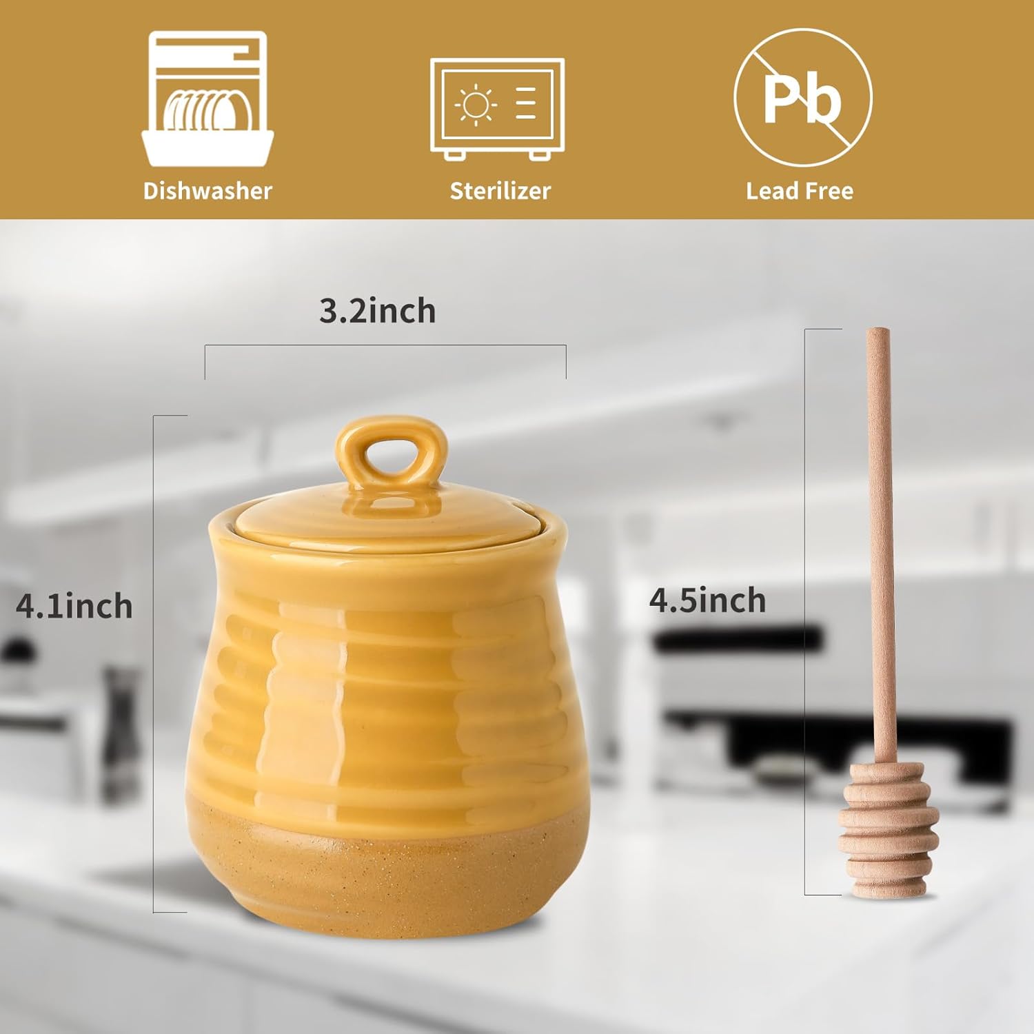 Ceramic Honey Jar and Dipper Set, 12 Ounce Honey Pot with Lid and Wooden Dipper, Porcelain Honey Dipper Stick and Jar Set
