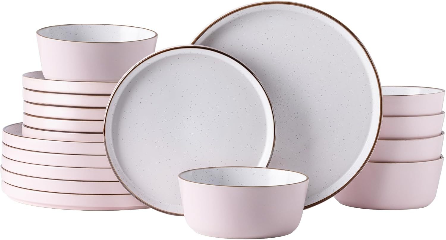 Dinnerware Set for 4, 12 Pieces Ceramic Plates and Bowls Set, Handcrafted Speckled Stoneware Plates Set, Dishwasher & Microwave Safe Dishes Set - (Pink, Service for 4)