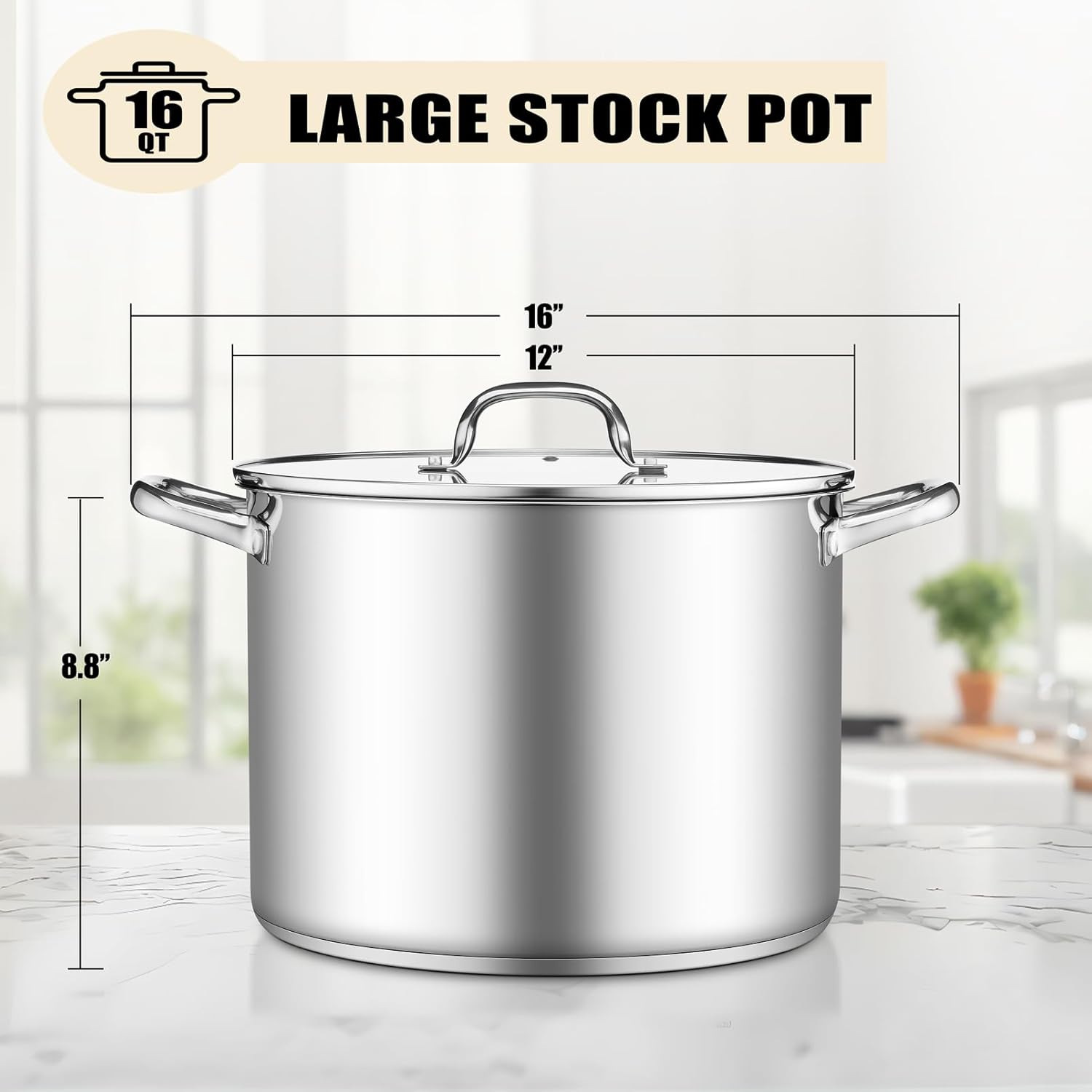 Stockpot Tri-ply Bottom Cooking Soup Pot with Glass Lid, for Induction Gas Glass Stovetops, Non Toxic & Heavy Duty, Large Size & Easy Clean