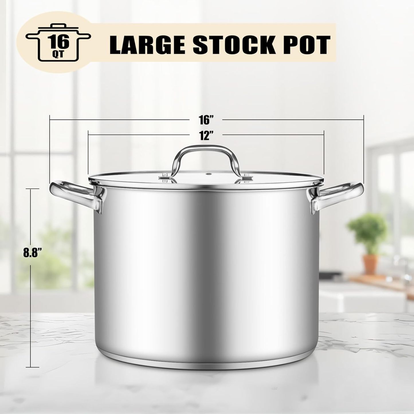 Stockpot Tri-ply Bottom Cooking Soup Pot with Glass Lid, for Induction Gas Glass Stovetops, Non Toxic & Heavy Duty, Large Size & Easy Clean