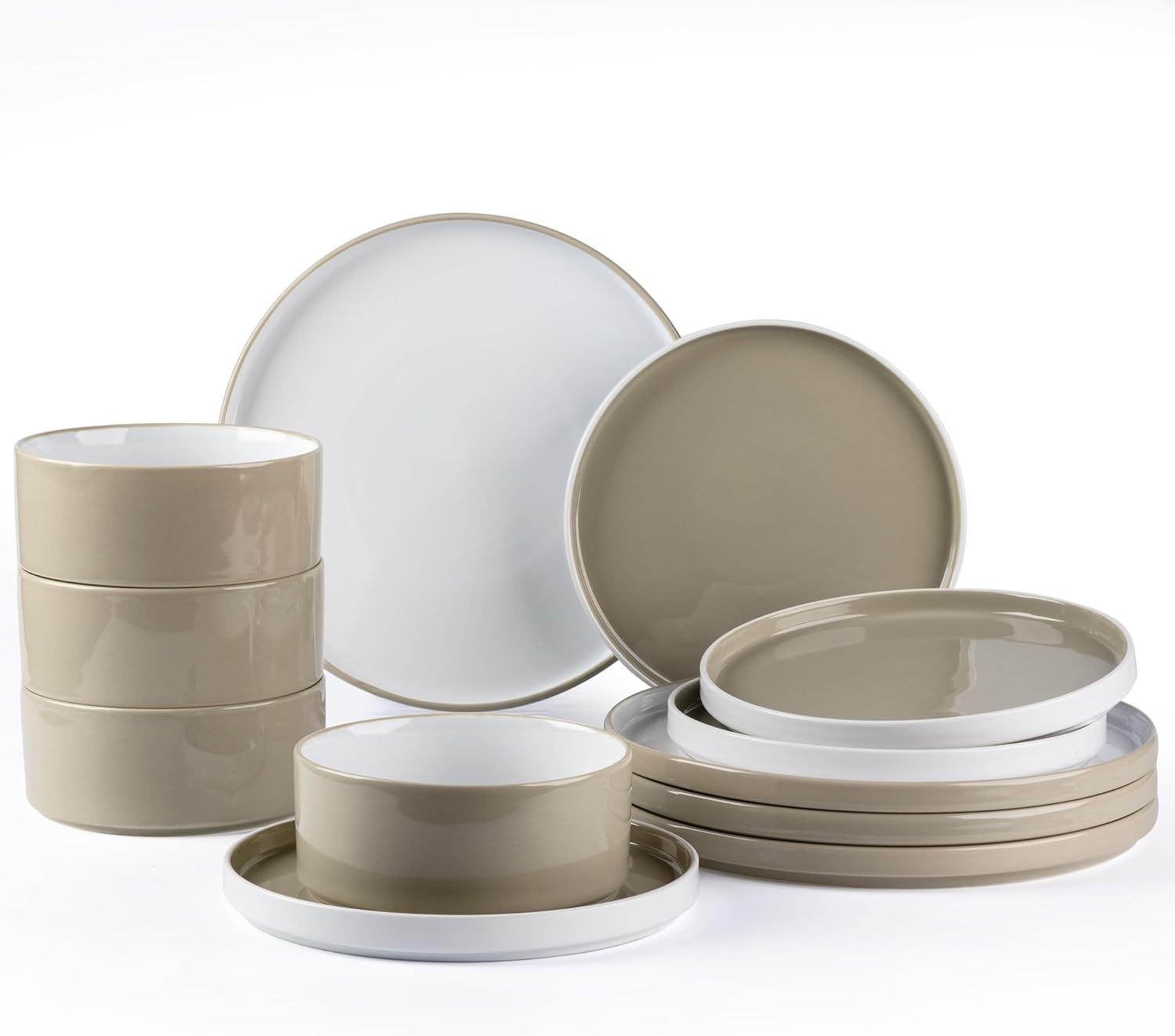 Ceramic Dinnerware Sets for 4, Modern Stoneware Plates and Bowls Sets,Chip and Crack Resistant | Dishwasher & Microwave Safe Ceramic Dishes Set,Service for 4 (12pc)-White&Khaki