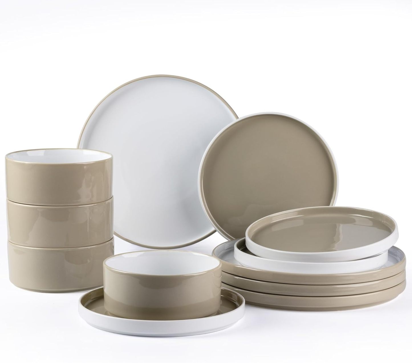 Ceramic Dinnerware Sets for 4, Modern Stoneware Plates and Bowls Sets,Chip and Crack Resistant | Dishwasher & Microwave Safe Ceramic Dishes Set,Service for 4 (12pc)-White&Khaki