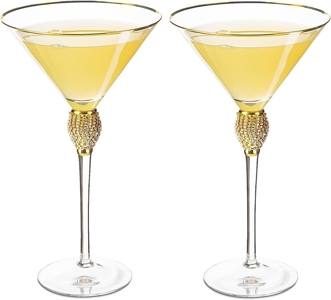 Diamond Collection 2 Piece Stemmed Martini Set - Rhinestone For Drinking Martinis , Manhattans, Vodka, Gin, Cocktails Gold Accent Cocktail Glasses