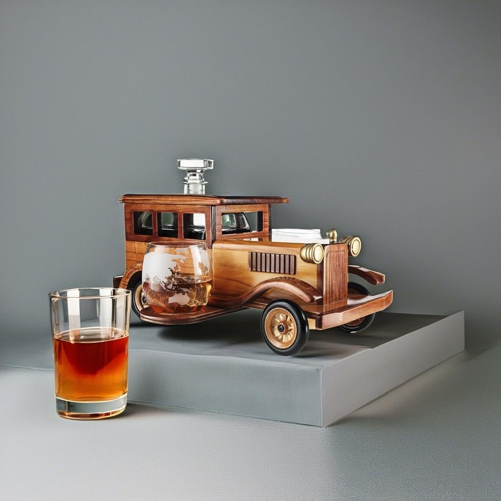 Old Fashioned Car Whiskey Decanter Set, Very Large 15" x 13" x 7" 750ml Decanter Spigot, and 2-10oz Whiskey Tumbler Old Fashion Glasses