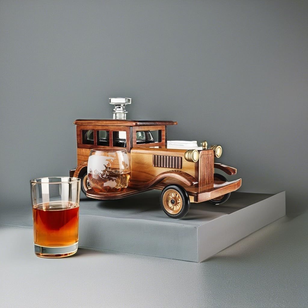 Old Fashioned Car Whiskey Decanter Set, Very Large 15" x 13" x 7" 750ml Decanter Spigot, and 2-10oz Whiskey Tumbler Old Fashion Glasses