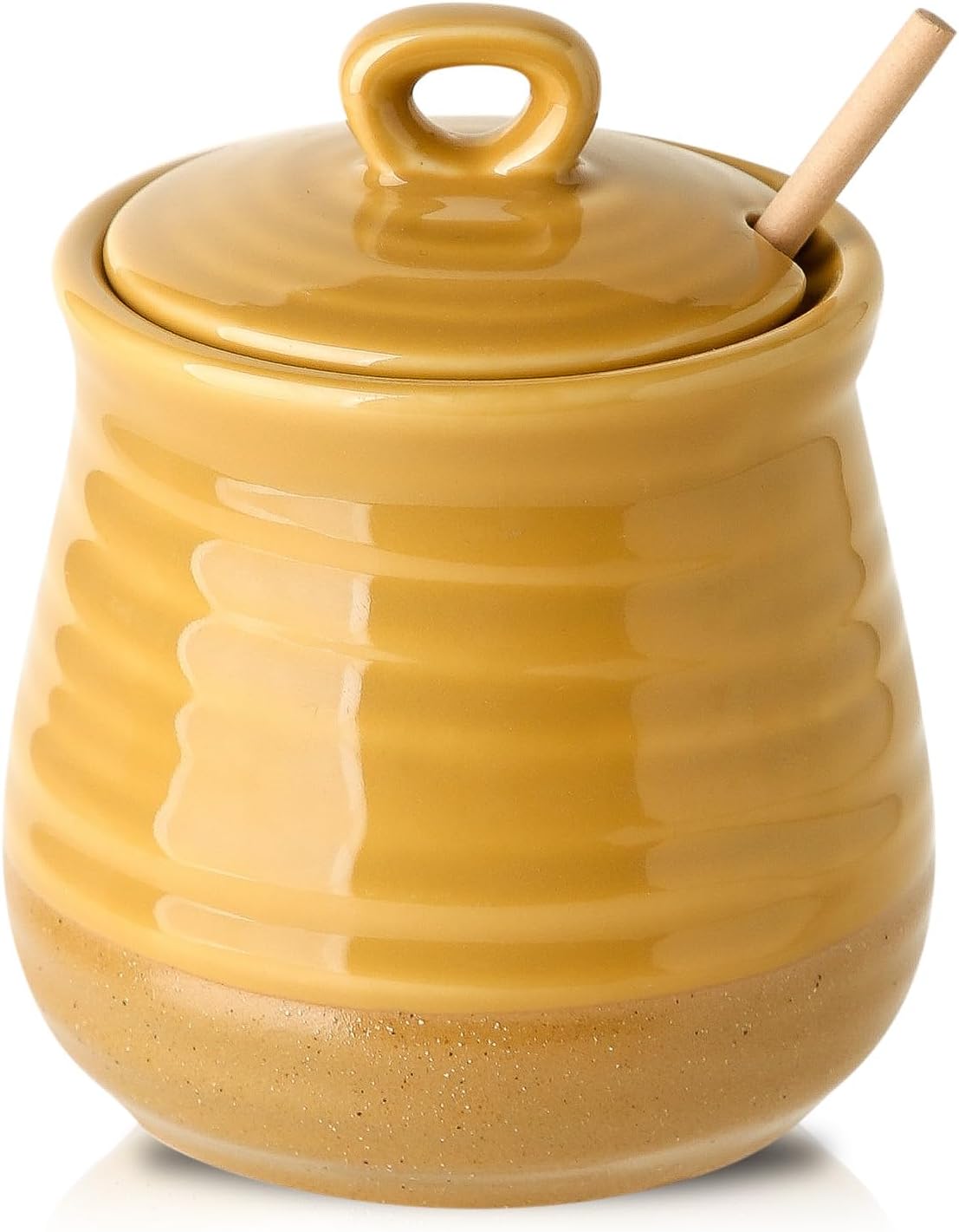 Ceramic Honey Jar and Dipper Set, 12 Ounce Honey Pot with Lid and Wooden Dipper, Porcelain Honey Dipper Stick and Jar Set