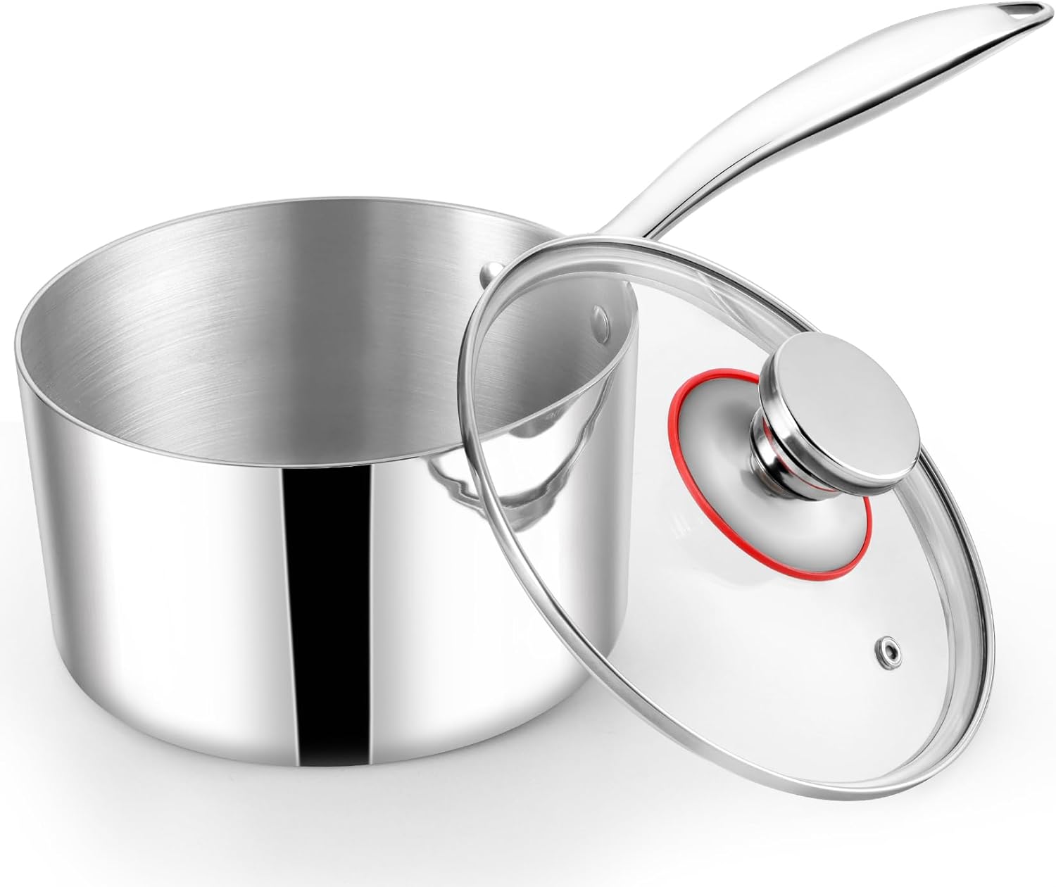 3qt Saucepan with Lid, Stainless Steel Tri-ply Pasta Sauce Milk Pan Small Cooking Pot with Ergonomic Handle, for Induction/Gas/Electric/Ceramic, Healthy & Heavy Duty, Dishwasher Safe