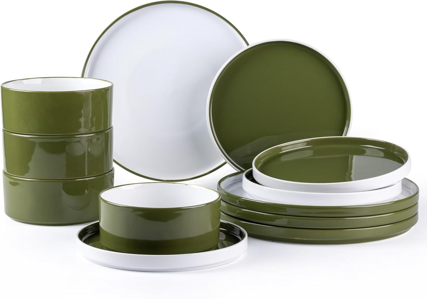 Ceramic Dinnerware Sets for 4, Modern Stoneware Plates and Bowls Sets,Chip and Crack Resistant | Dishwasher & Microwave Safe Ceramic Dishes Set,Service for 4 (12pc)-White&Green