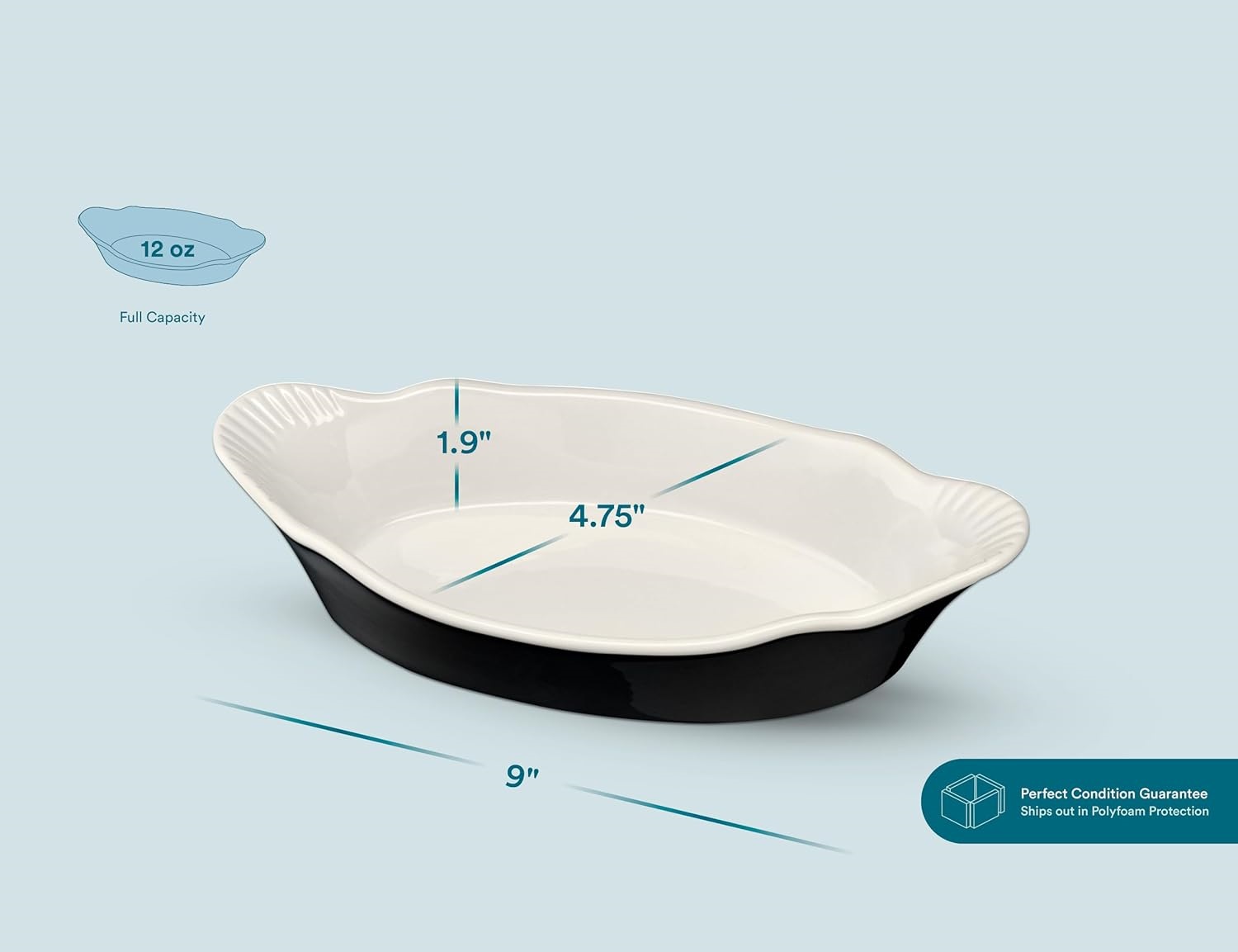 Set of 6, for Banana Split, Oven and Microwave Safe, Dishwasher Safe, Ceramic Serving Dishes, Lasagna & Cobblers, Individual Serving, 12 oz (Black)