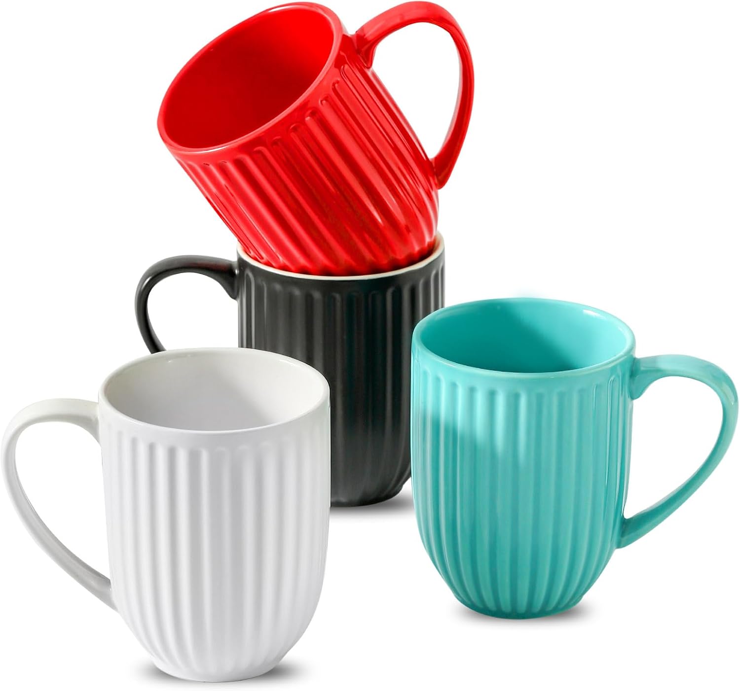 Porcelain Coffee Mugs, 16 Oz Large Ceramic Ribbed Coffee Cups with Big Handle, Modern Tea Cups Set of 4 for Coffee and Cocoa, Wedding, Housewarming Gift