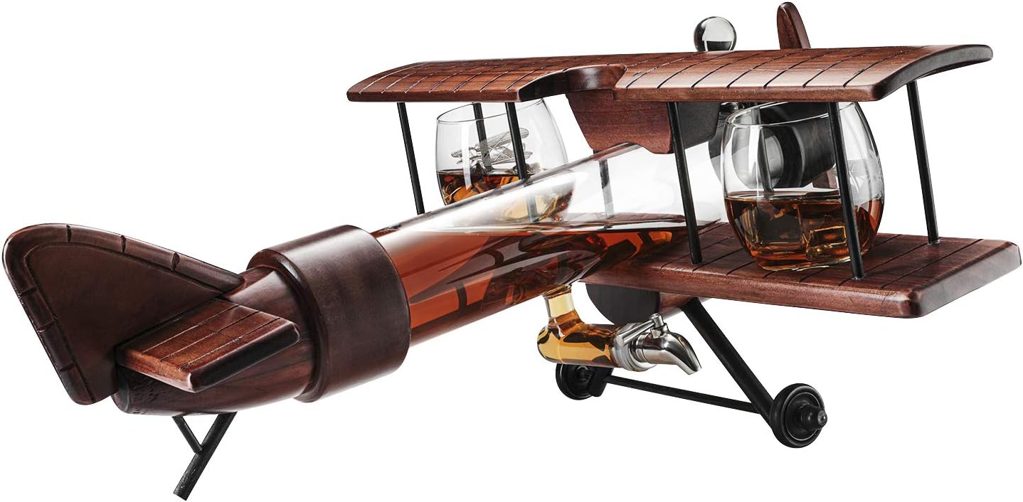 Whiskey & Wine Decanter Airplane Set and Glasses Antique Wood Airplane - The Wine Savant Whiskey Gift Set and 2 Airplane Glasses