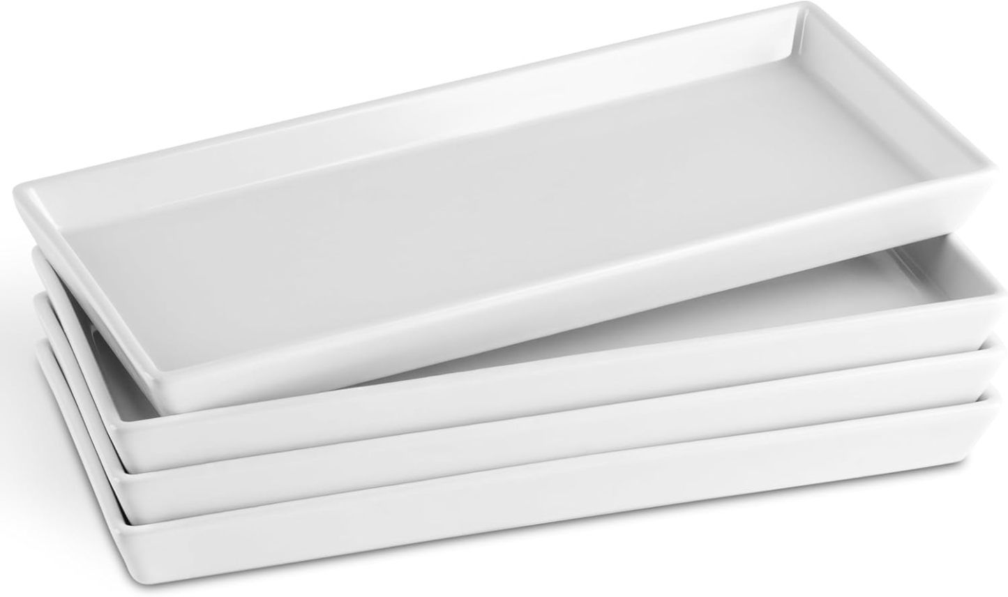 Ceramic 11 Inch Rectangular Serving Trays, Porcelain Platters for Food at Parties and Entertaining, Microwave, Dishwasher Safe, White, Set of 4