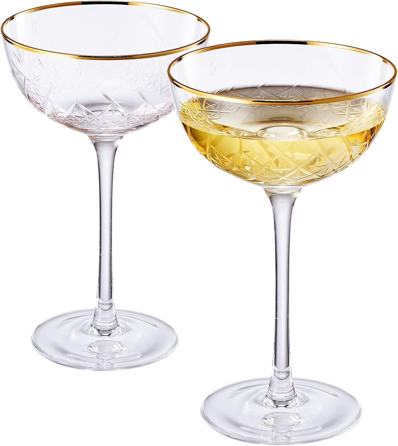 Vintage Art Deco Luxury Coupe Glasses, Cocktails, Martini, Margarita, In Premium Gift Box 24K Gold Rim | Set of 2