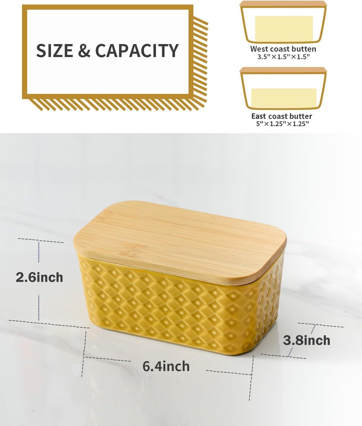 Ceramic Butter Dish with Sealing Lid, Large Yellow Butter Container for Countertop Airtight Butter Stick Covered Keeper Storage