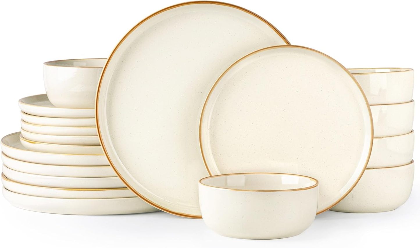 Dinnerware Set, 18 Pieces Ceramic Plates and Bowls Set, Stoneware Plates Set Handpainted, Dishwasher & Microwave Safe Dishes Set (Speckled Beige, Service for 6)