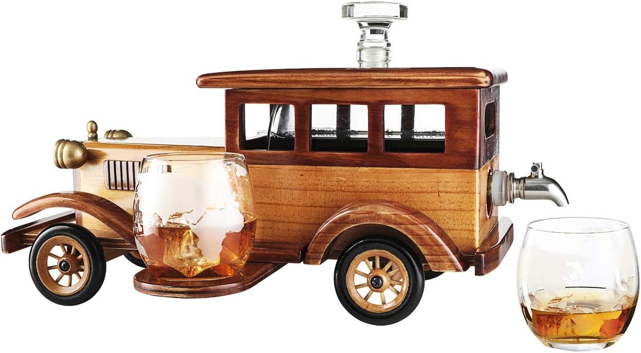 Old Fashioned Car Whiskey Decanter Set, Very Large 15" x 13" x 7" 750ml Decanter Spigot, and 2-10oz Whiskey Tumbler Old Fashion Glasses