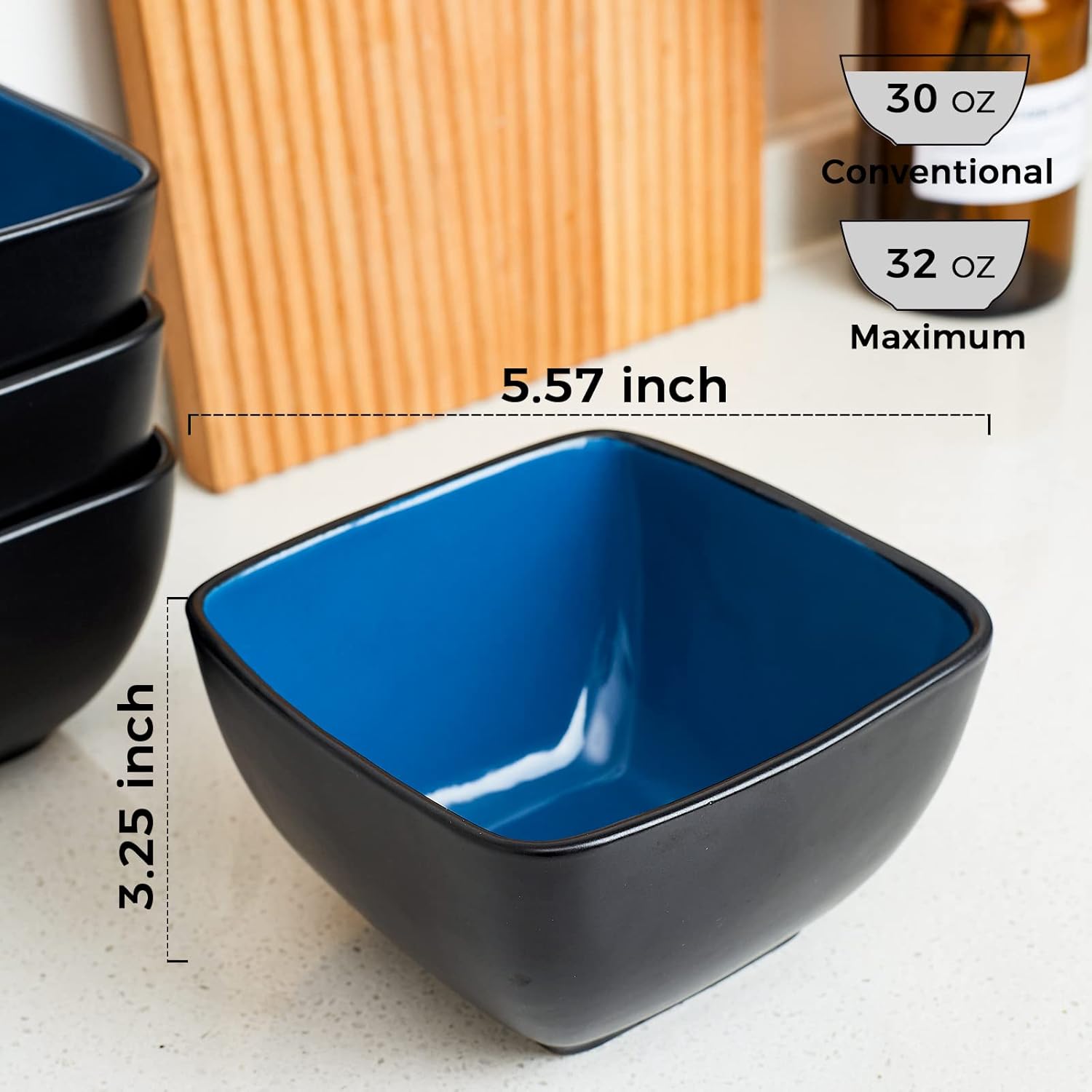 32oz Square Cereal Soup Bowls, Stoneware Bowls Set of 4 for Kitchen, Large Bowls for Cereal,Soup,Salad,Meal, Microwave & Dishwasher Safe-Colorful Inside