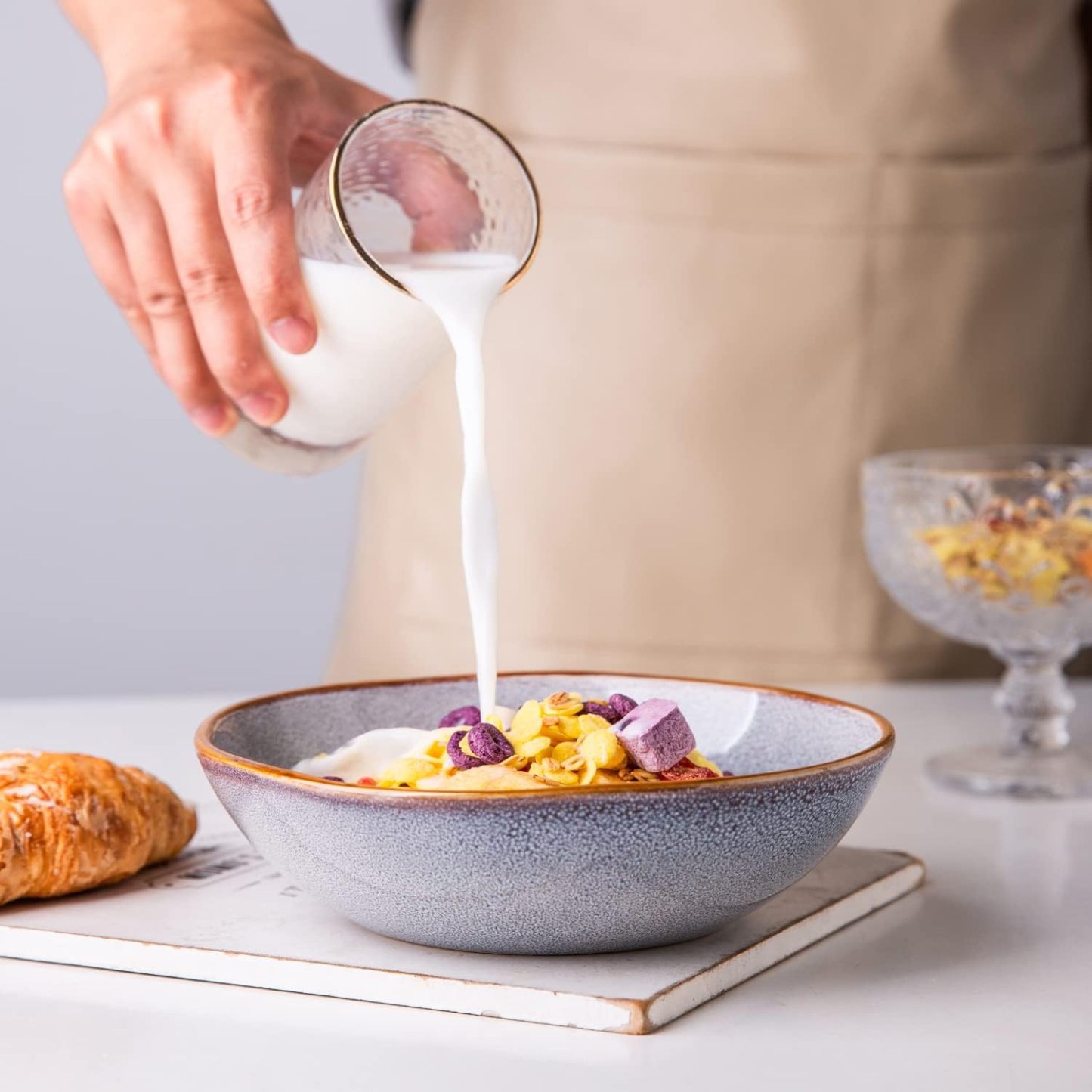 Ceramic Cereal Bowls Set of 6, 24 oz Handmade Stoneware Bowls Set for Cereal Soup Salad, Stylish Kitchen bowls for Meal, Dishwasher & Microwave Safe, Reactive Glaze Gray Blue