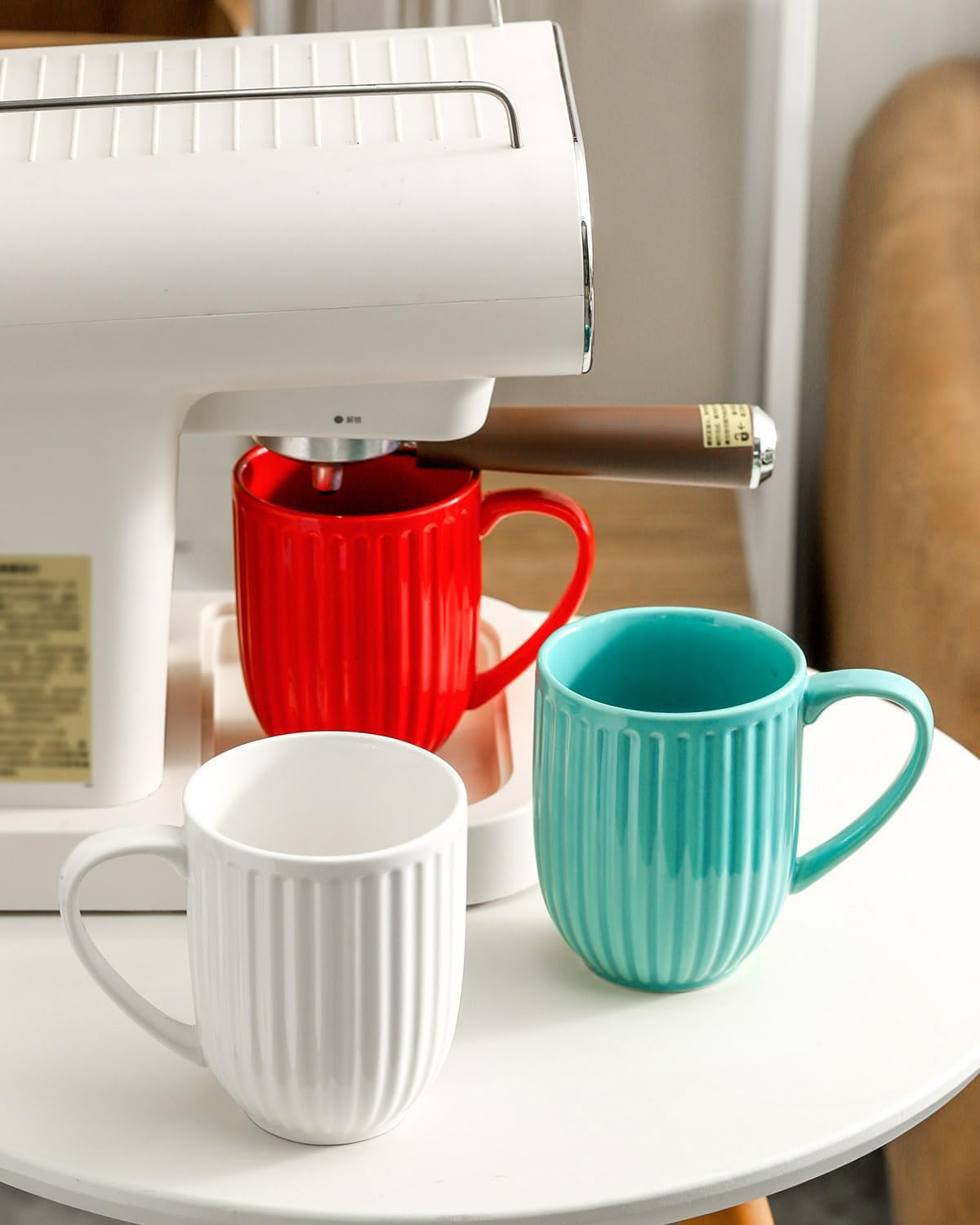 Porcelain Coffee Mugs, 16 Oz Large Ceramic Ribbed Coffee Cups with Big Handle, Modern Tea Cups Set of 4 for Coffee and Cocoa, Wedding, Housewarming Gift