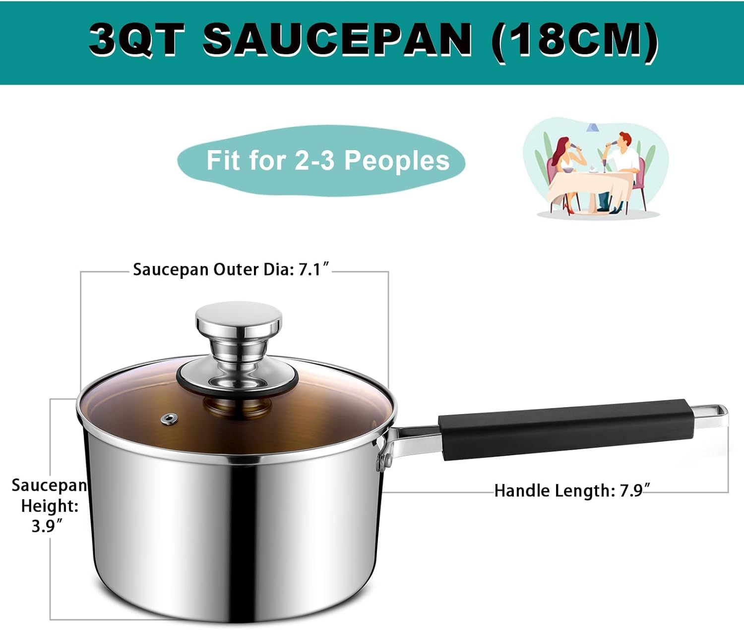 3QT Saucepan with Lid, Stainless Steel Tri-Ply Milk Sauce Pan with Heatproof Handle, Home Induction Pot for Cooking/Boiling/Braising, Non Toxic & Heavy Duty, Dishwasher Safe