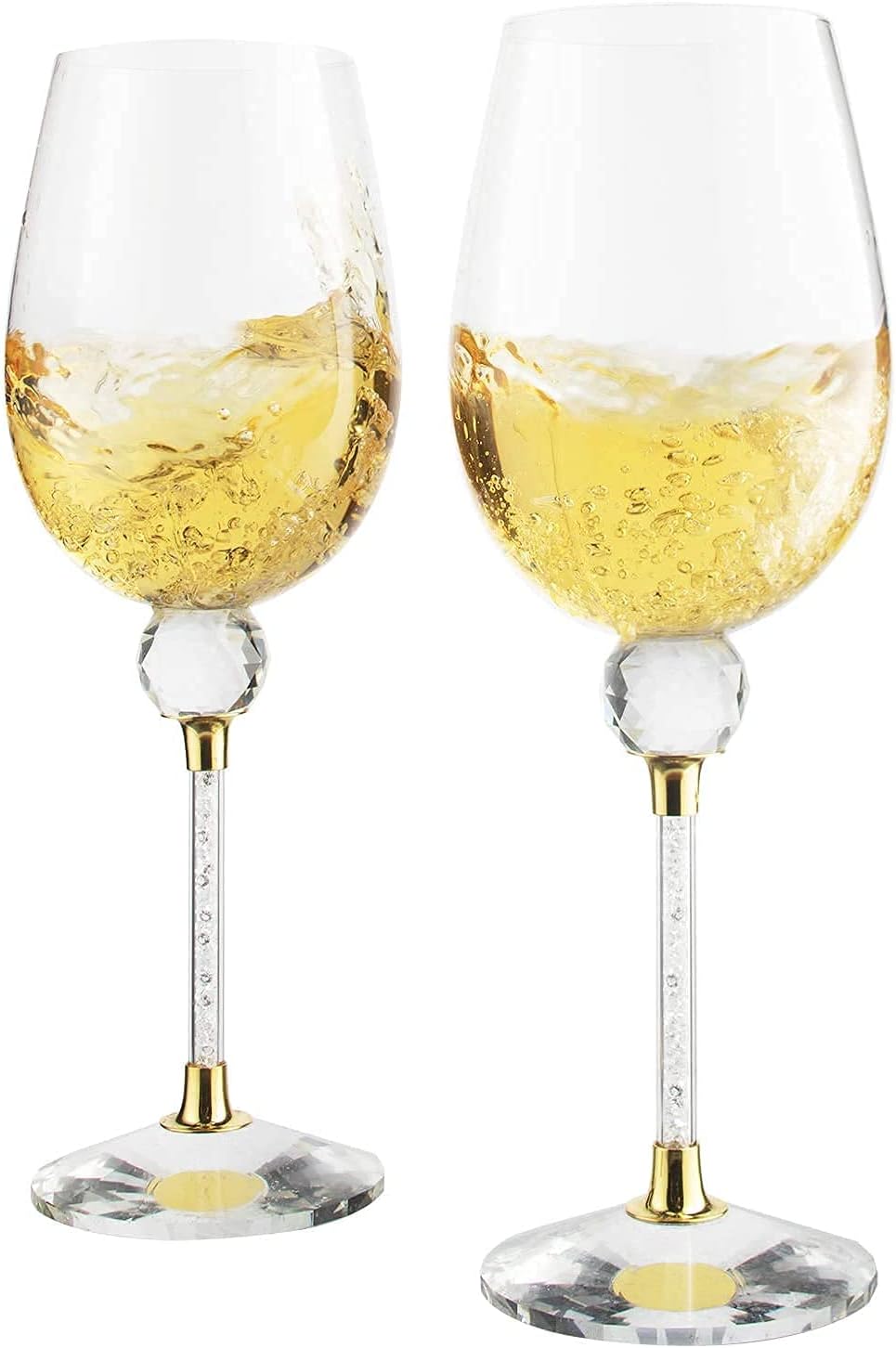 Diamond Studded Wine Glasses 16 Ounces - Set of 2 -Long Stem10-inches Tall, Gold and Laser Cut Sparkling Wine Wedding Glasses