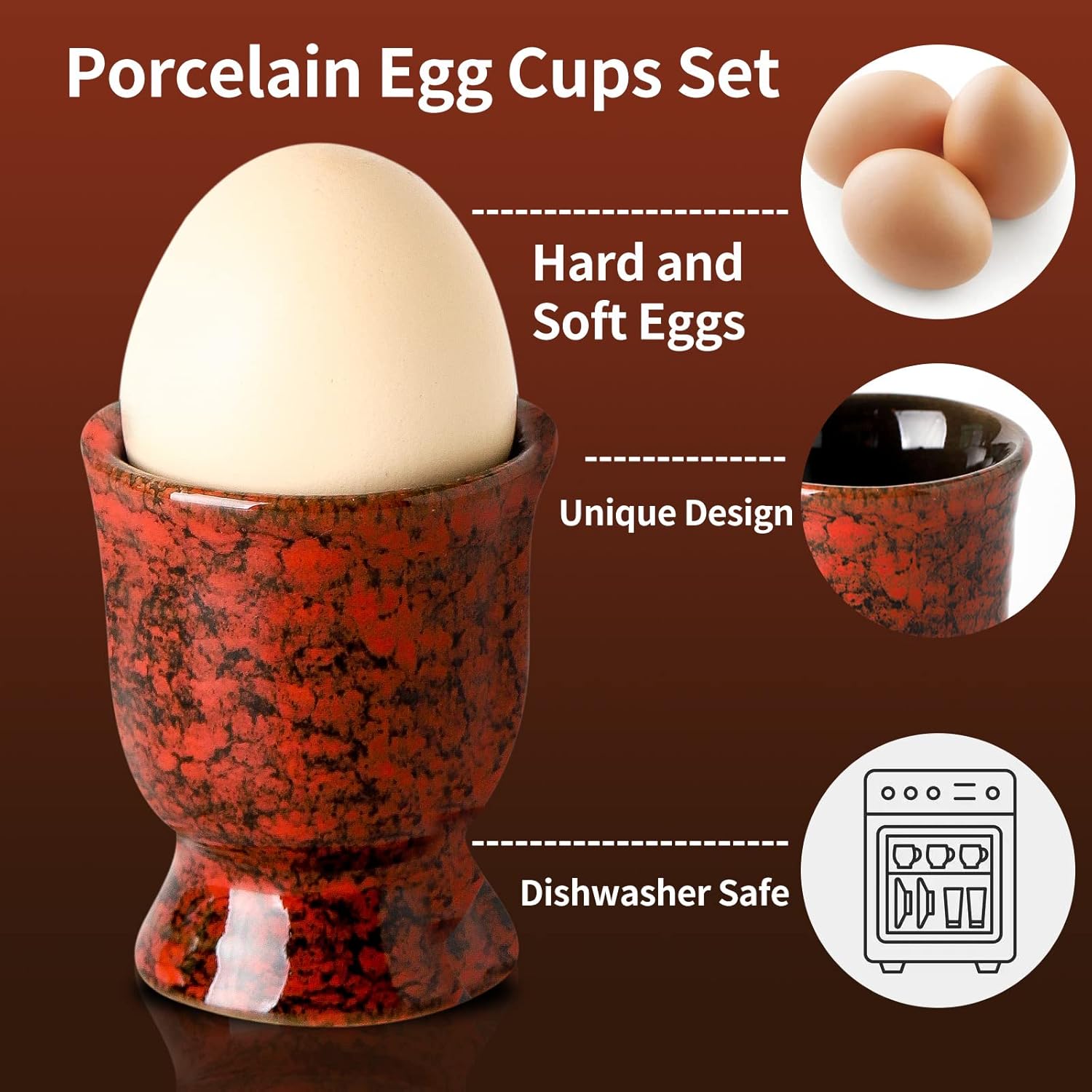 Ceramic Egg Cups for Soft Boiled Eggs, Porcelain Egg Stand Holders for Hard Boiled Eggs for Breakfast Time, Set of 2, Red