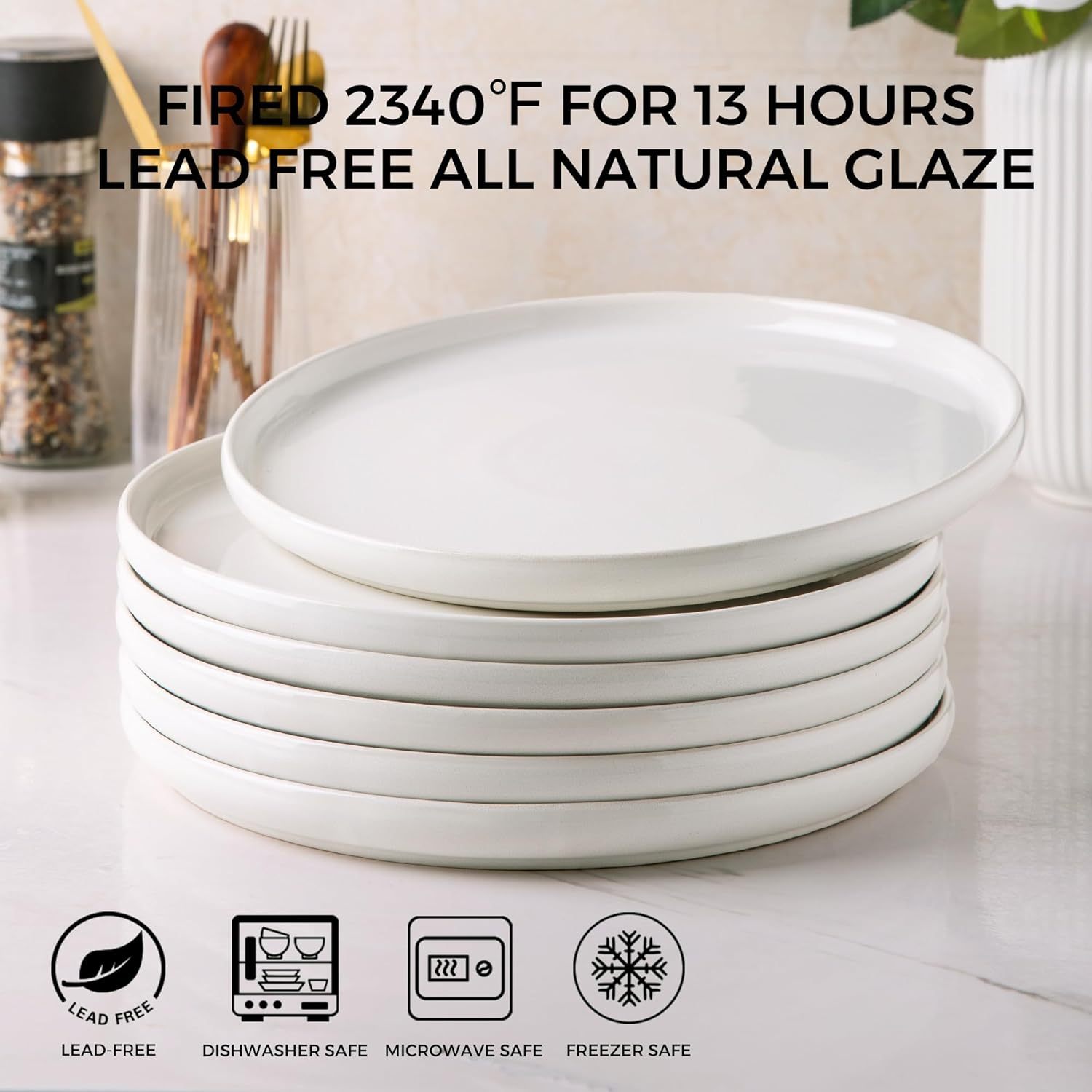 Stoneware Plates Set of 6, 10.5 Inch Ceramic Plates Set, Microwave,Dishwasher Safe,Scratch Resistant, Modern Large Dinnerware Dishes Set Kitchen Dinner Plates-Reactive White