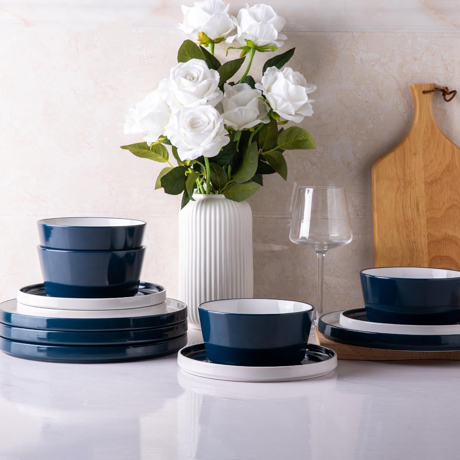 Dinnerware Sets for 4, 12 Piece Stoneware Plates and Bowls Set, Chip and Crack Resistant Plates Set, Dishwasher & Microwave Safe Ceramic Dishes Set - (Blue and White, Service for 4)