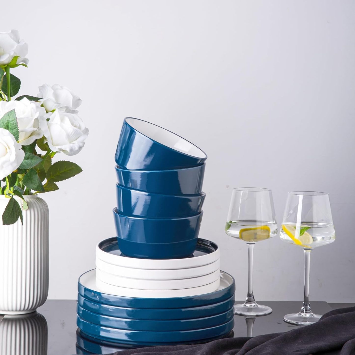 Dinnerware Sets for 4, 12 Piece Stoneware Plates and Bowls Set, Chip and Crack Resistant Plates Set, Dishwasher & Microwave Safe Ceramic Dishes Set - (Blue and White, Service for 4)