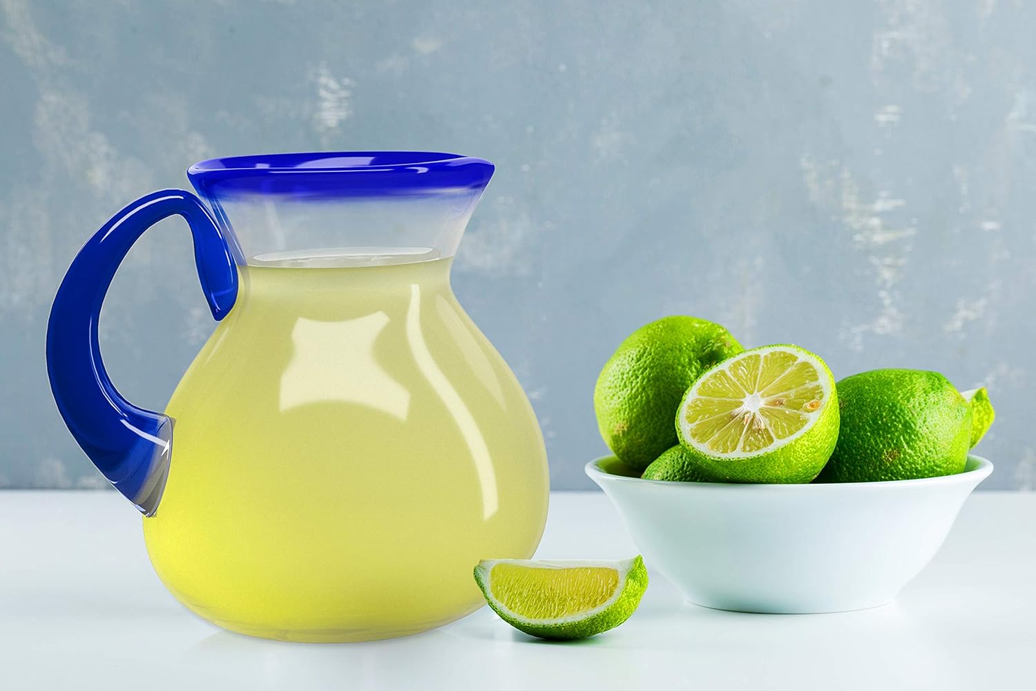 Hand Blown Blue Mexican Drinking Glasses and Pitcher - Set of 6 with Blue Rim Design (14 oz each) and Pitcher (84 Ounces)