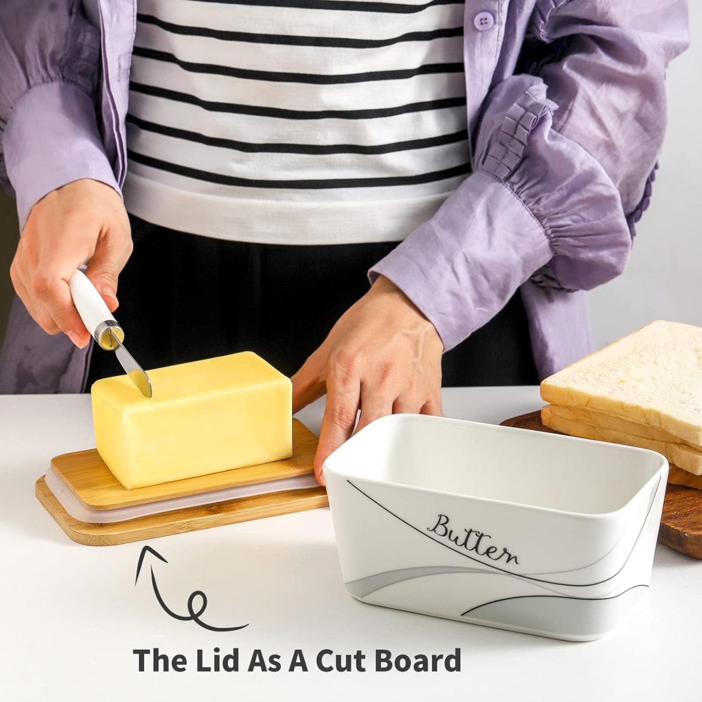 Covered Butter Dish with Lid for Countertop and Refrigerator, Large Ceramic Airtight Butter Holder Keeper Container