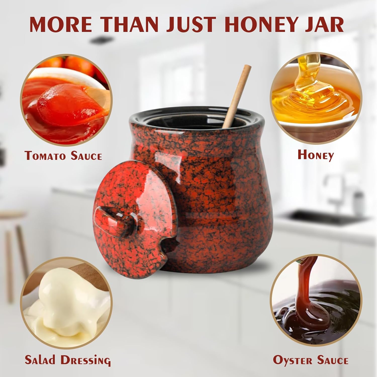 Ceramic Honey Jar and Dipper Set, 12 Ounce Honey Pot with Lid and Wooden Dipper, Porcelain Honey Dipper Stick and Jar Set