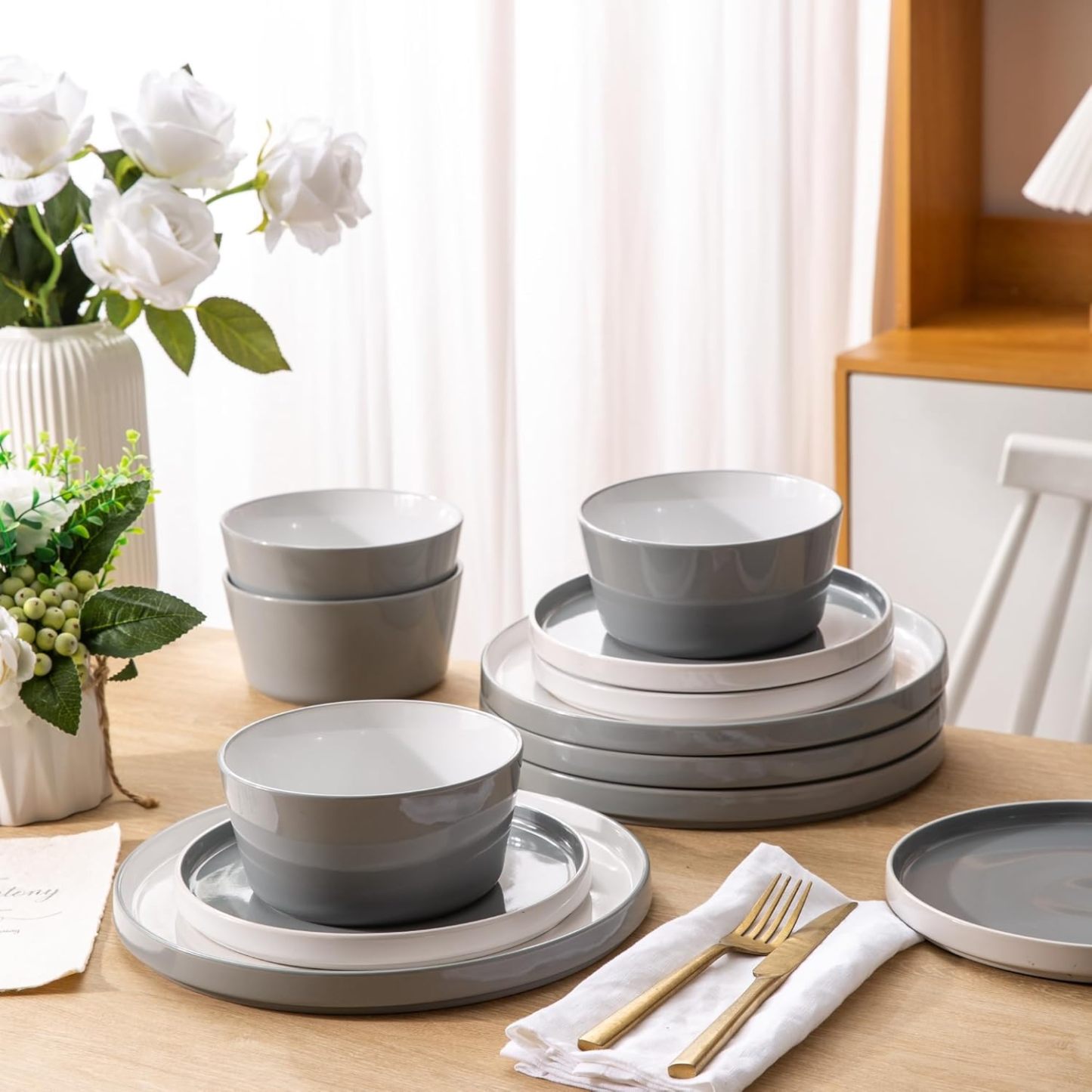 Dinnerware Sets for 4, 12 Piece Stoneware Plates and Bowls Set, Chip and Crack Resistant Plates Set, Dishwasher & Microwave Safe Ceramic Dishes Set - (Grey and White, Service for 4)