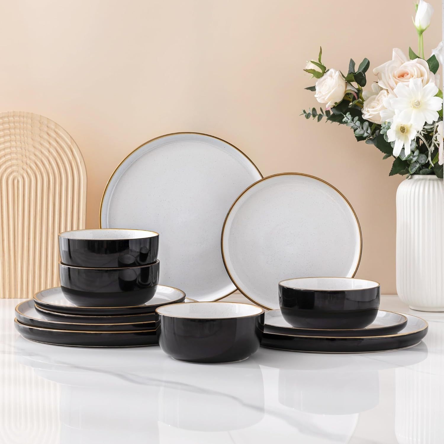 Dinnerware Set, 12 Pieces Ceramic Plates and Bowls Set, Stoneware Plates Set Handpainted, Dishwasher & Microwave Safe Dishes Set (Speckled Black & White, Service for 4)