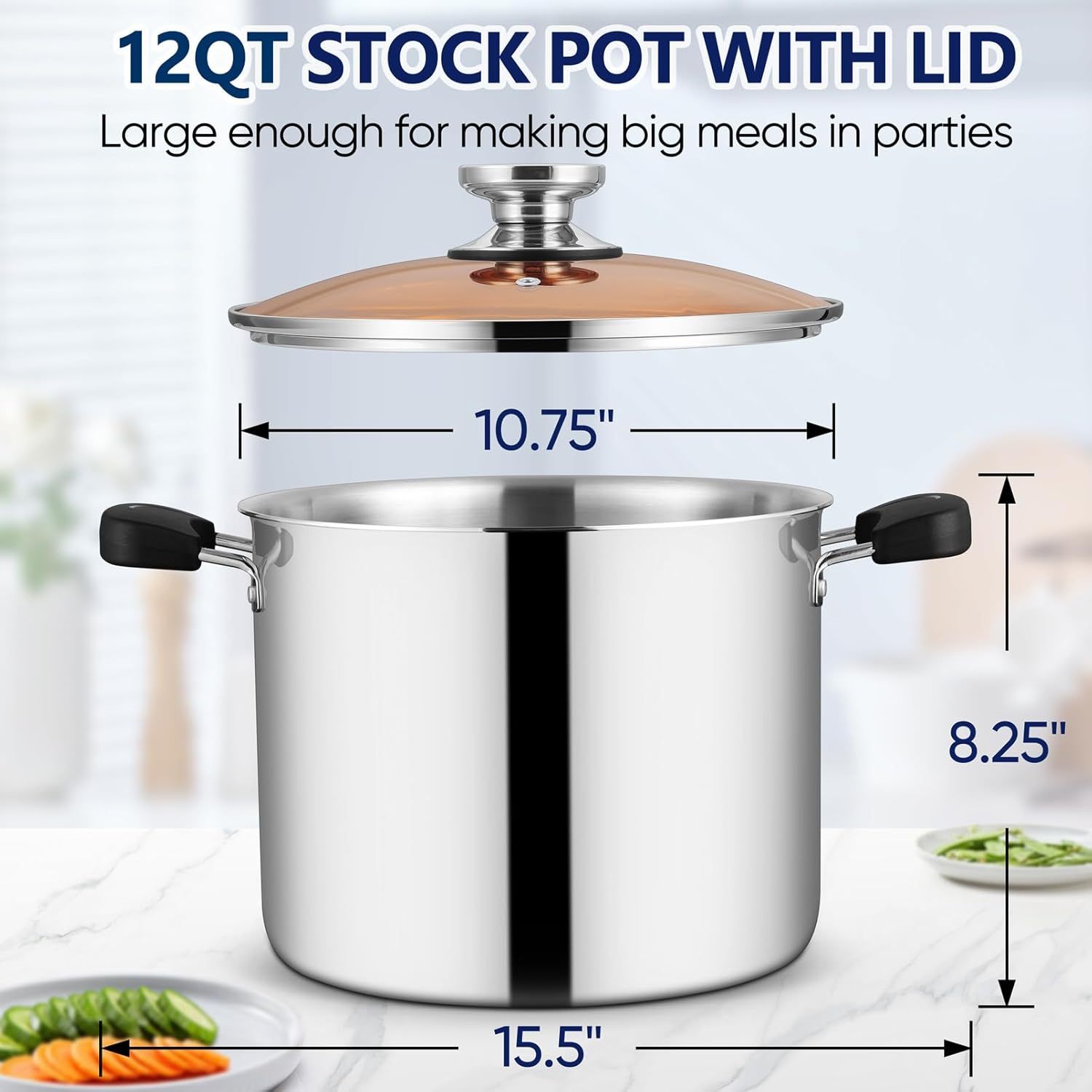 Stainless Steel Tri-ply Pasta Cooking Pot & Glass Lid with Heat-proof Handles, for Cooking Baking Boiling, Non-toxic & Heavy Duty, Various Stovetops & Dishwasher Safe