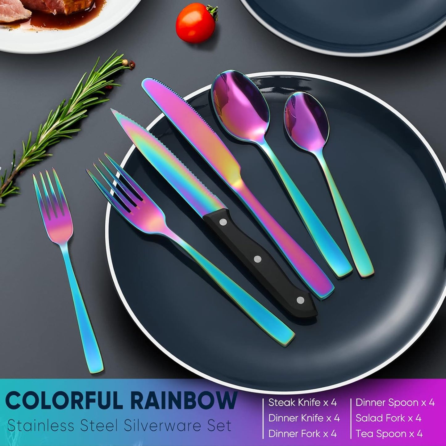 48 Pieces Rainbow Silverware Set with Steak Knives for 8, Stainless Steel Flatware Cutlery Set For Home Kitchen Restaurant, Dishwasher Safe