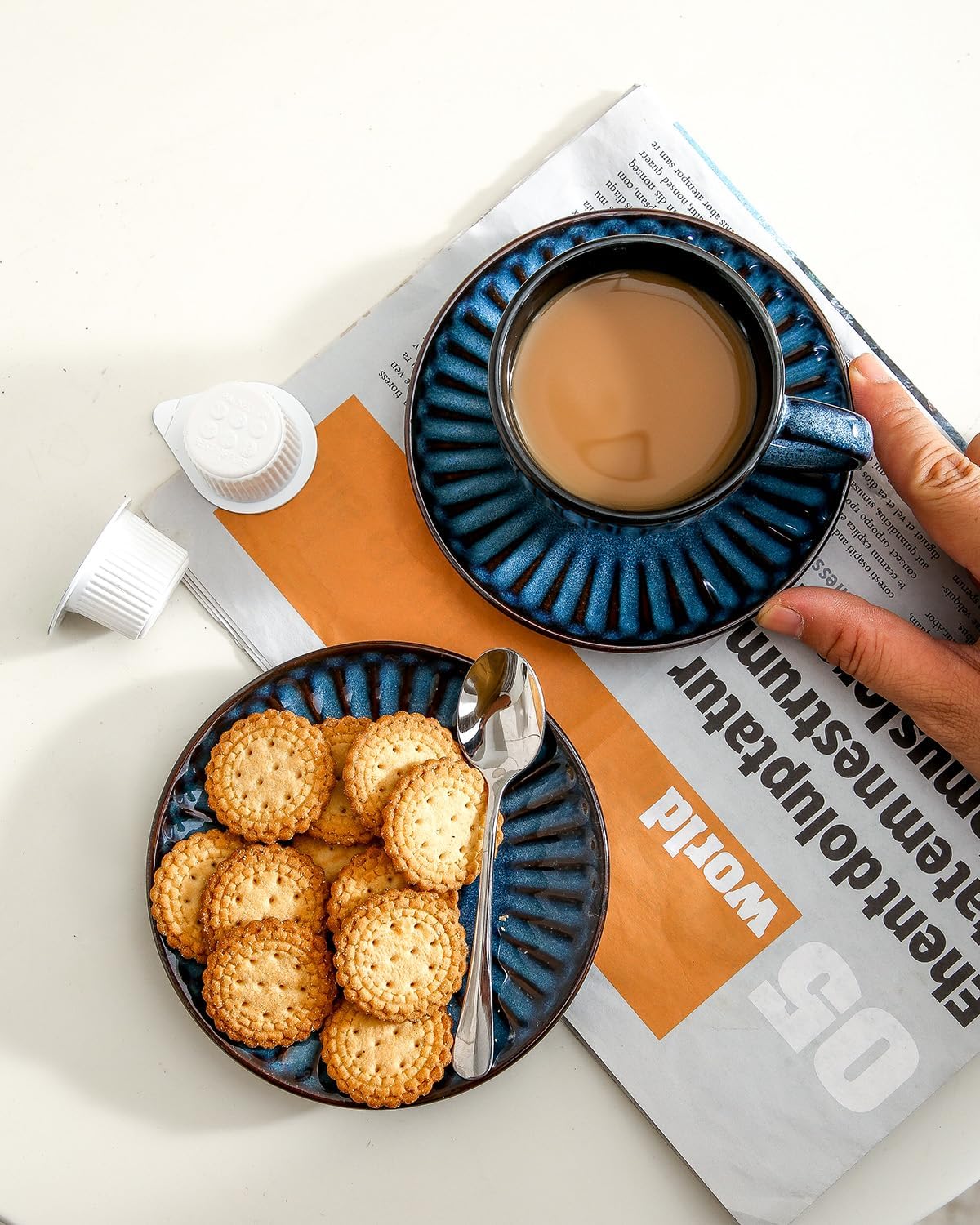 4 Oz Espresso Cups with Saucers Set of 4, Ribbed Cappuccino Cups Ceramic for Coffee,Espresso,Double shot,Latte and Macchiato, Demitasse Cups Set Aesthetic Gift, Blue