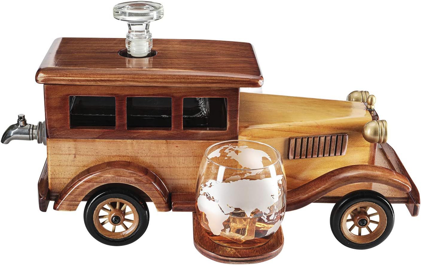 Old Fashioned Car Whiskey Decanter Set, Very Large 15" x 13" x 7" 750ml Decanter Spigot, and 2-10oz Whiskey Tumbler Old Fashion Glasses