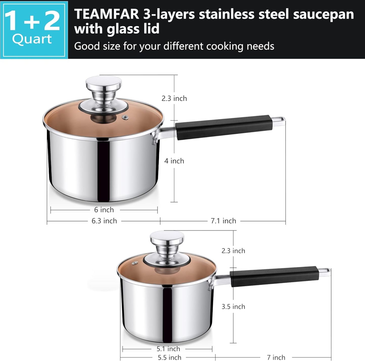 1QT & 2QT Stainless Steel Tri-Ply Milk Sauce Pan with Heatproof Handle for Cooking/Boiling/Braising, Fit for All Stoves